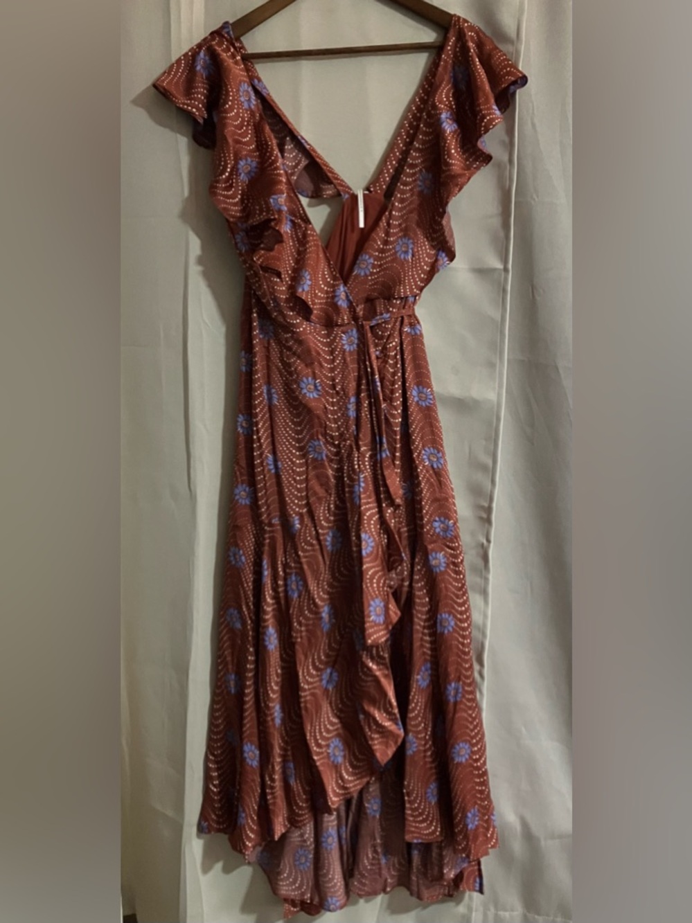 Anthropologie Brown Floral Maxi Dress with Blue Accents